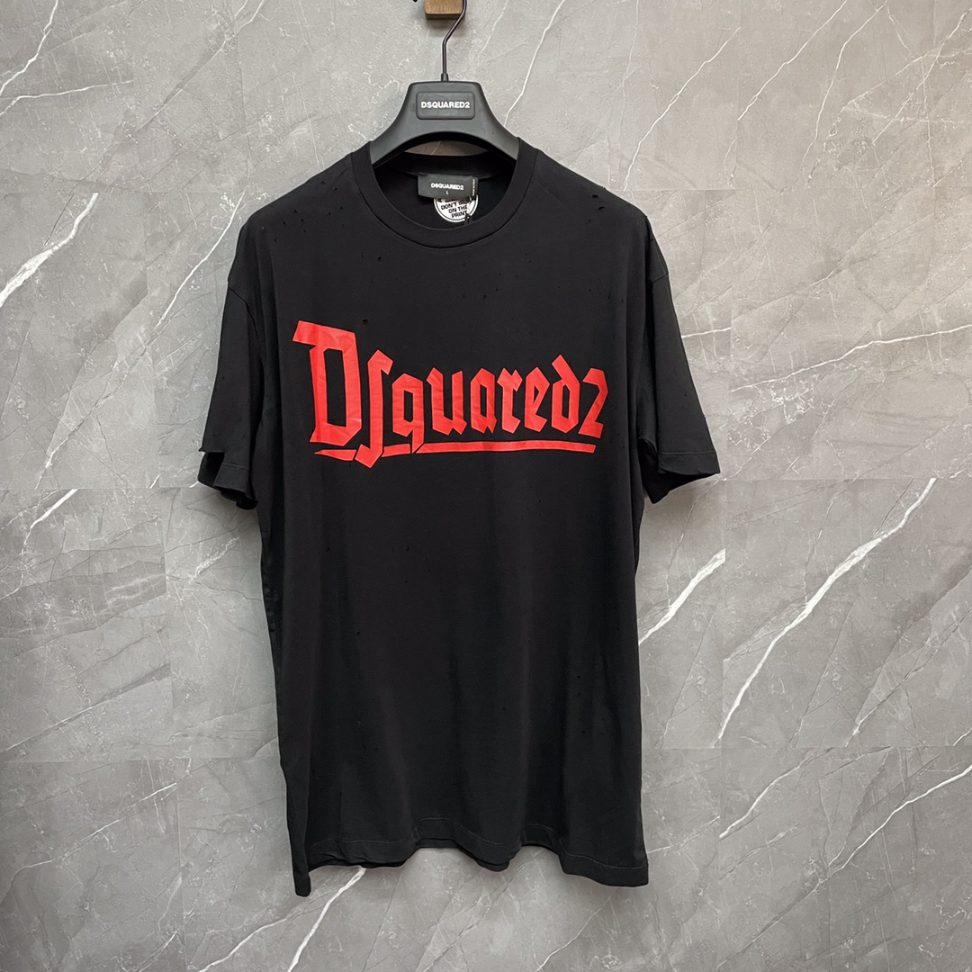 DSQUARED2 Gothic Red Logo Distressed Black T-Shirt