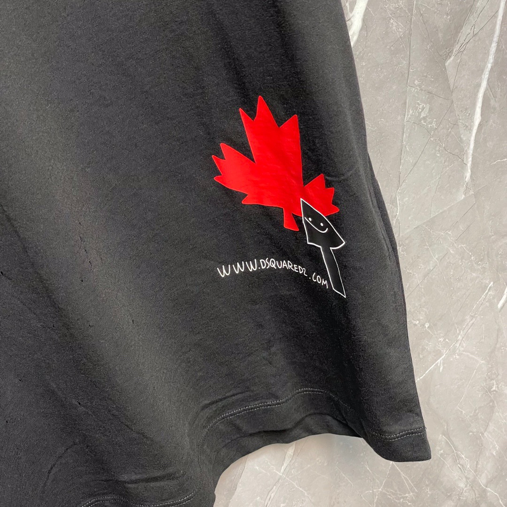 DSQUARED2 Distressed Maple Leaf Logo Black T-Shirt