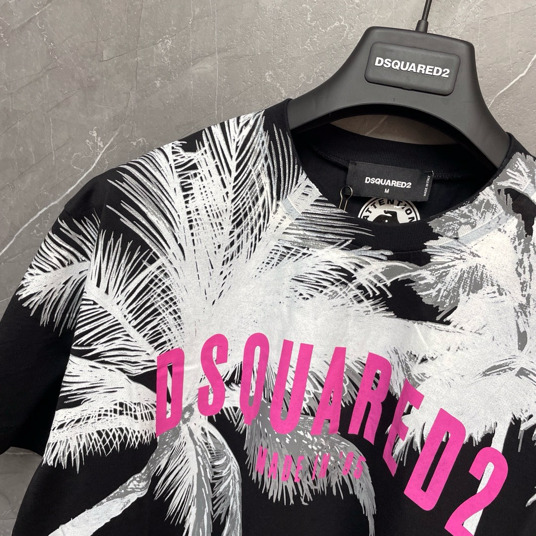 DSQUARED2 Palm Tree & Pink Logo Black T-Shirt
