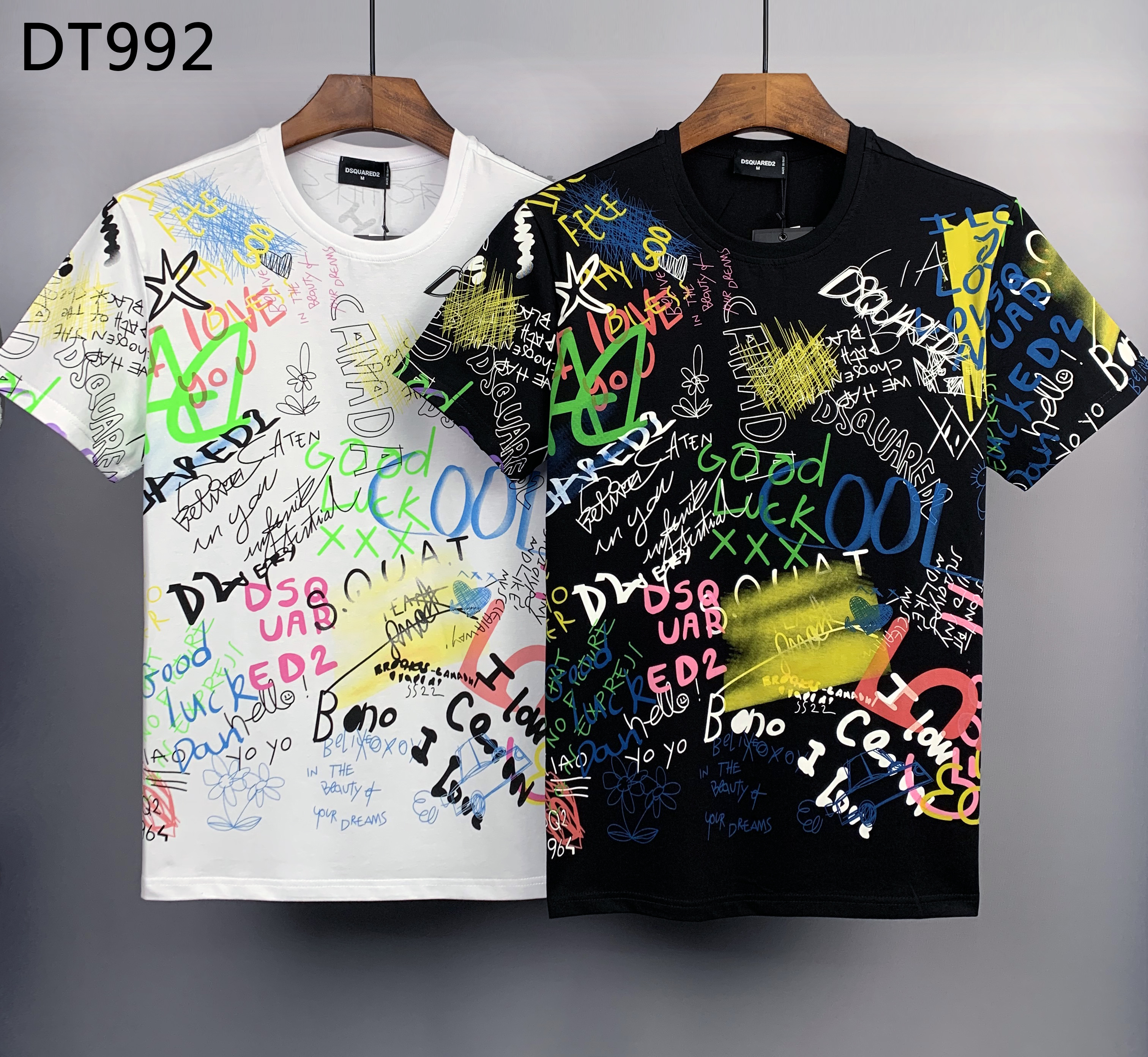 DSQUARED2 Graffiti Print T-Shirt Men's Short Sleeve Casual Tee Black White
