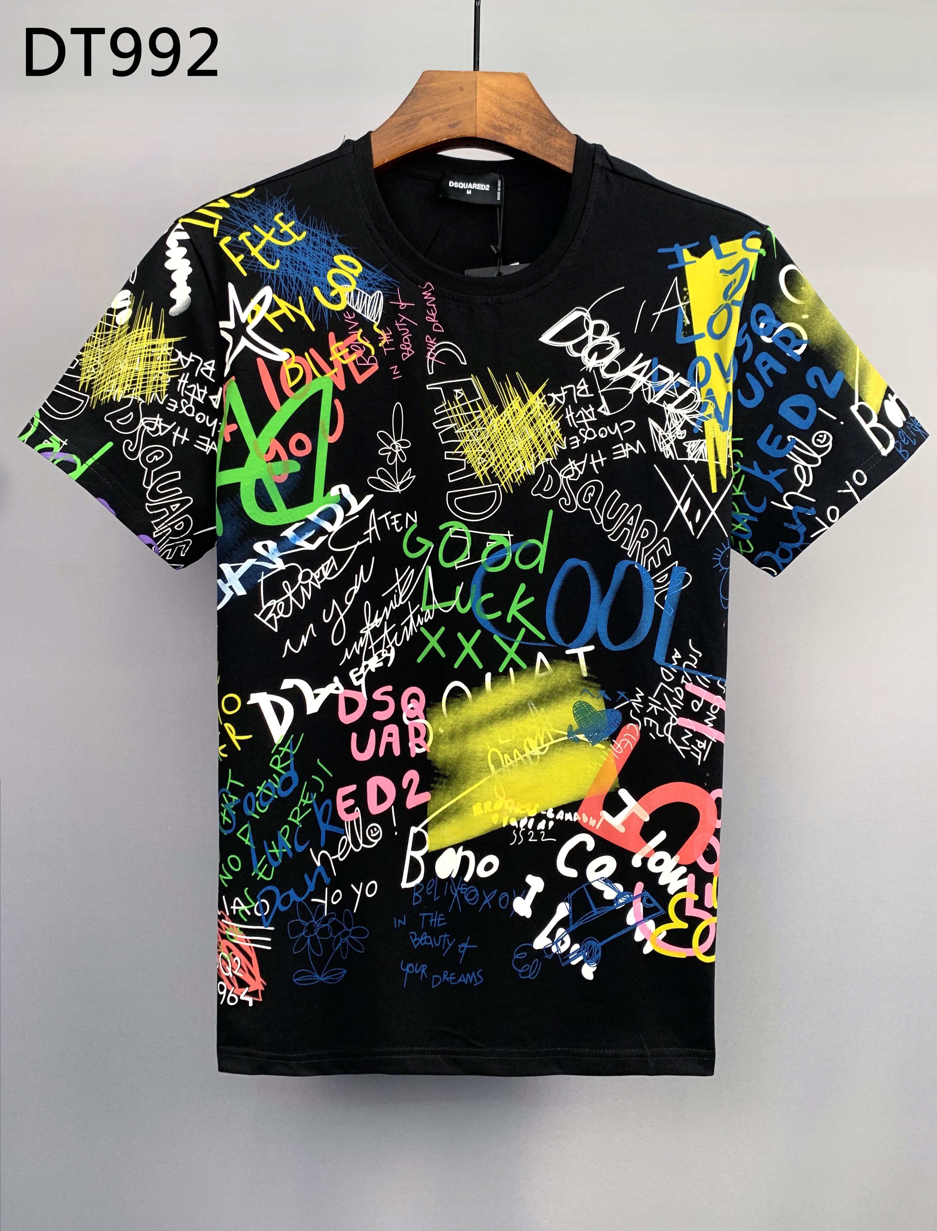 DSQUARED2 Graffiti Print T-Shirt Men's Short Sleeve Casual Tee Black White
