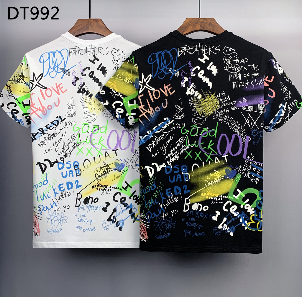 DSQUARED2 Graffiti Print T-Shirt Men's Short Sleeve Casual Tee Black White